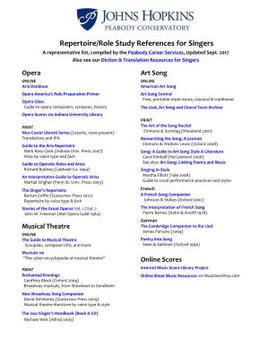 Repertoire/Role Study References for Singers a Representative List, Compiled by the Peabody Career Services, Updated Sept