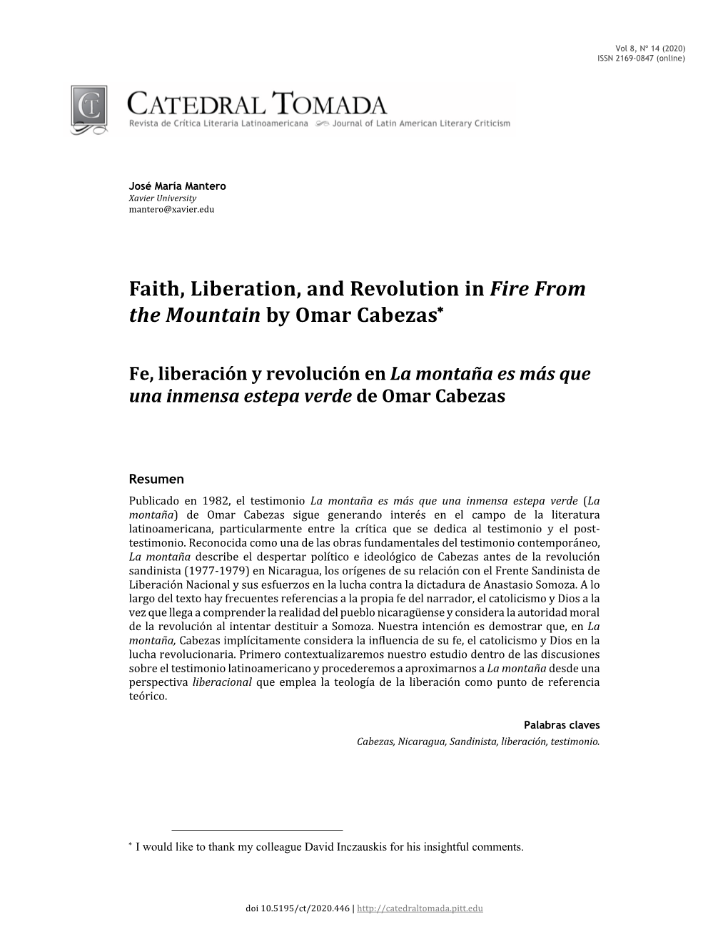 Faith, Liberation, and Revolution in Fire from the Mountain by Omar Cabezas*