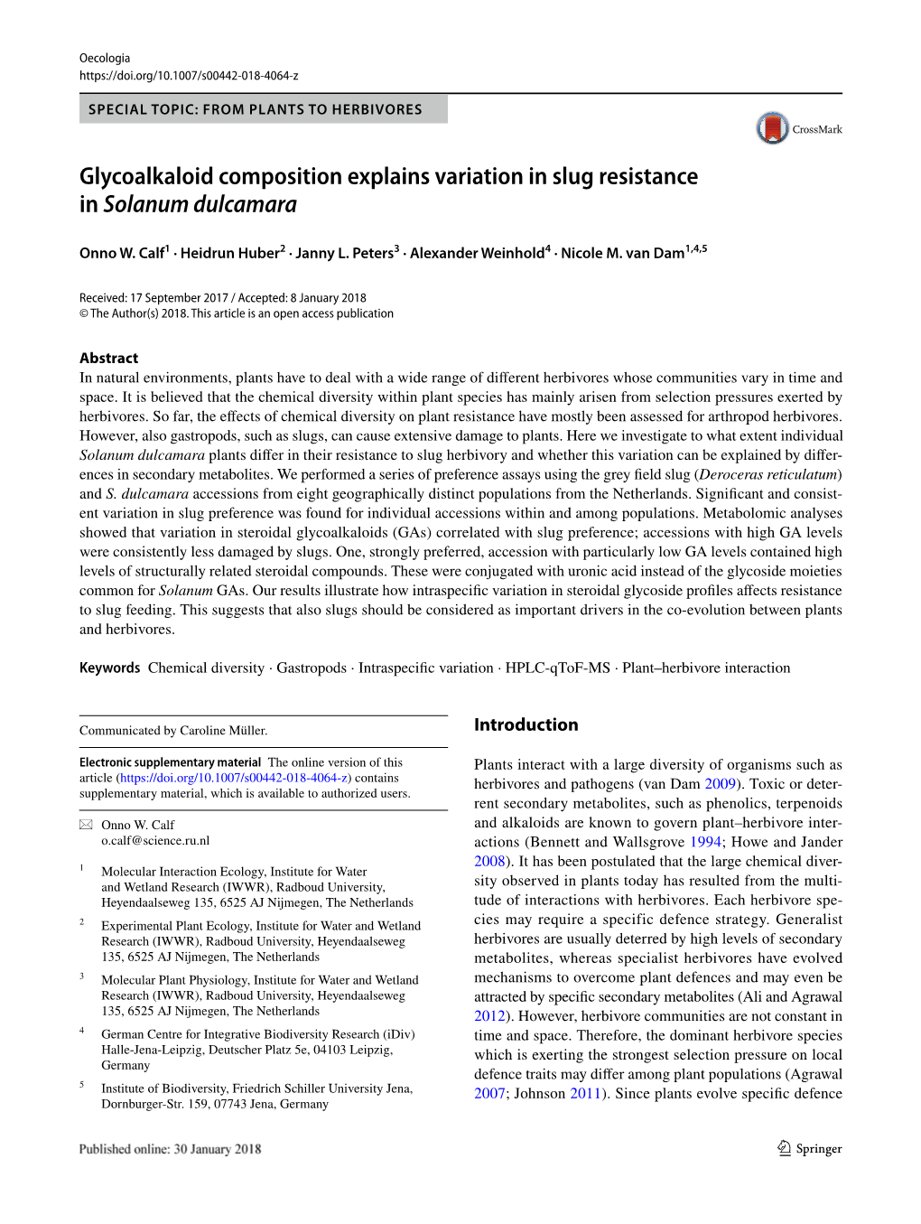 Glycoalkaloid Composition Explains Variation in Slug Resistance in Solanum Dulcamara