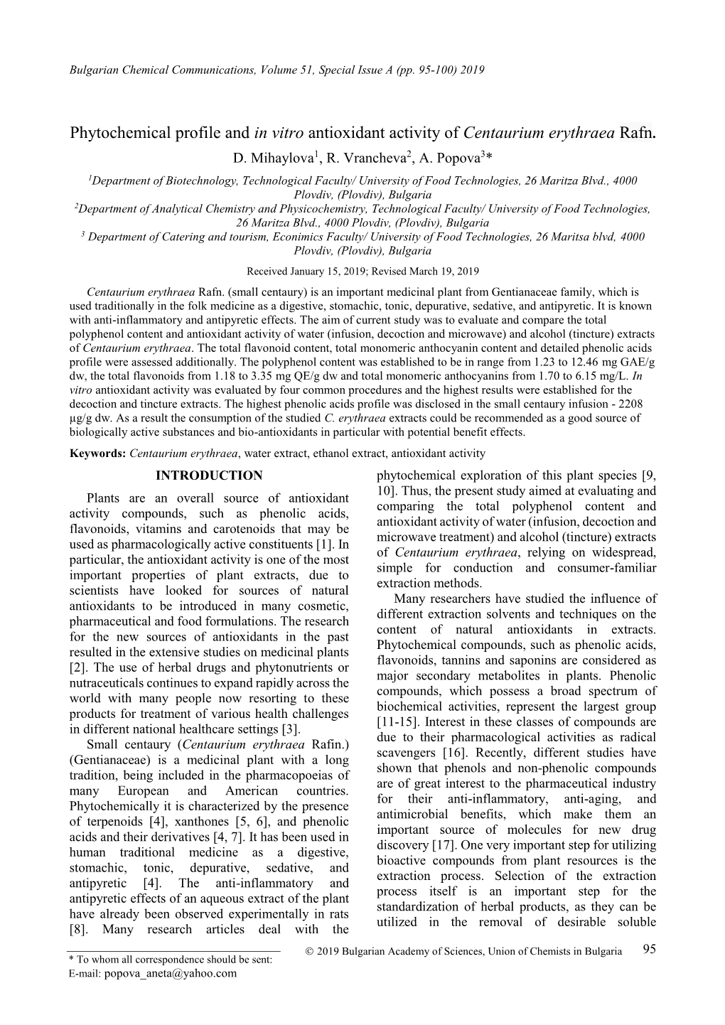 Phytochemical Profile and in Vitro Antioxidant Activity of Centaurium Erythraea Rafn