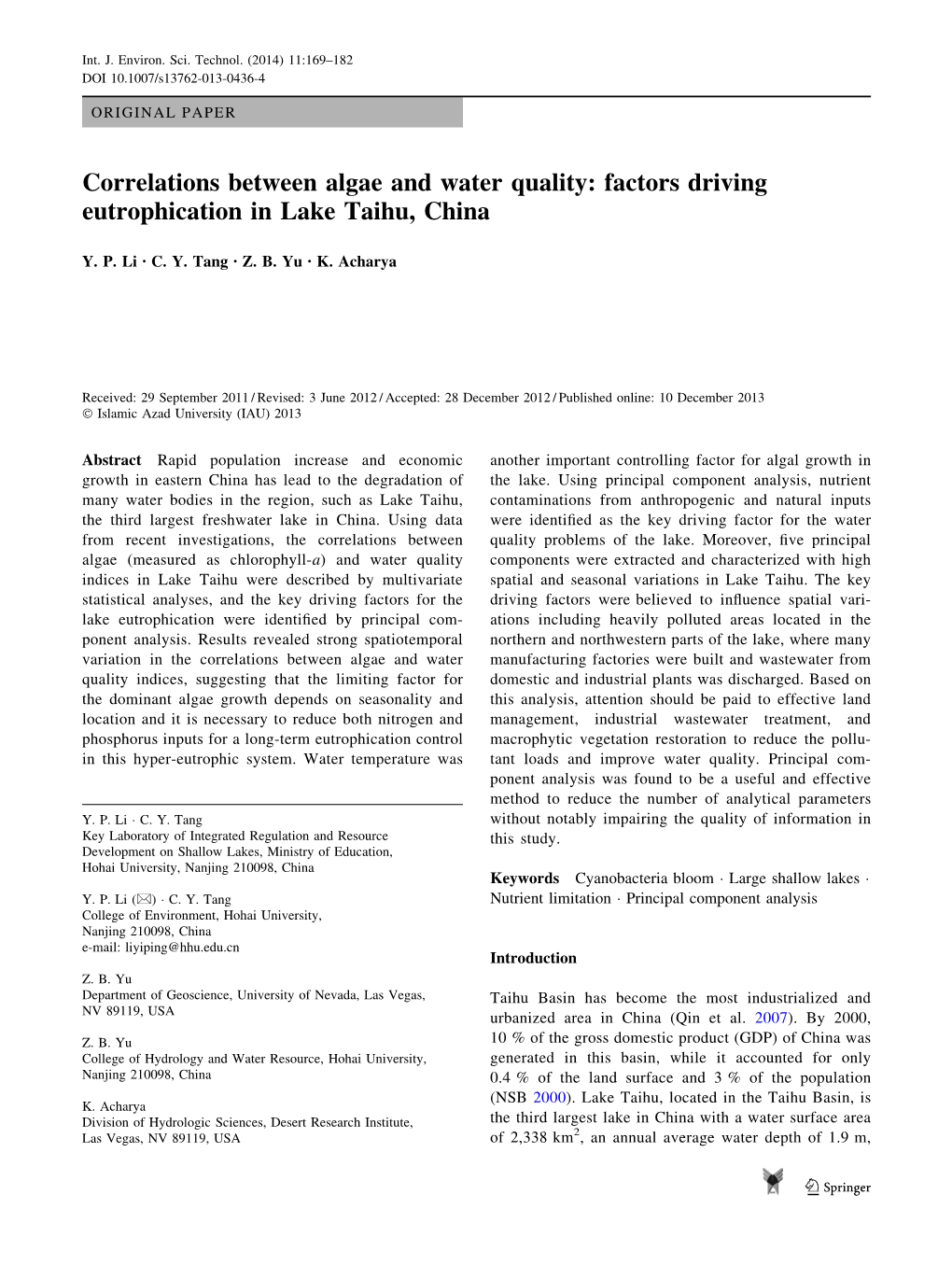 Correlations Between Algae and Water Quality: Factors Driving Eutrophication in Lake Taihu, China