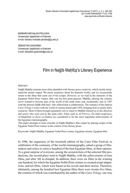 Film in Nağīb Maḥfūẓ's Literary Experience