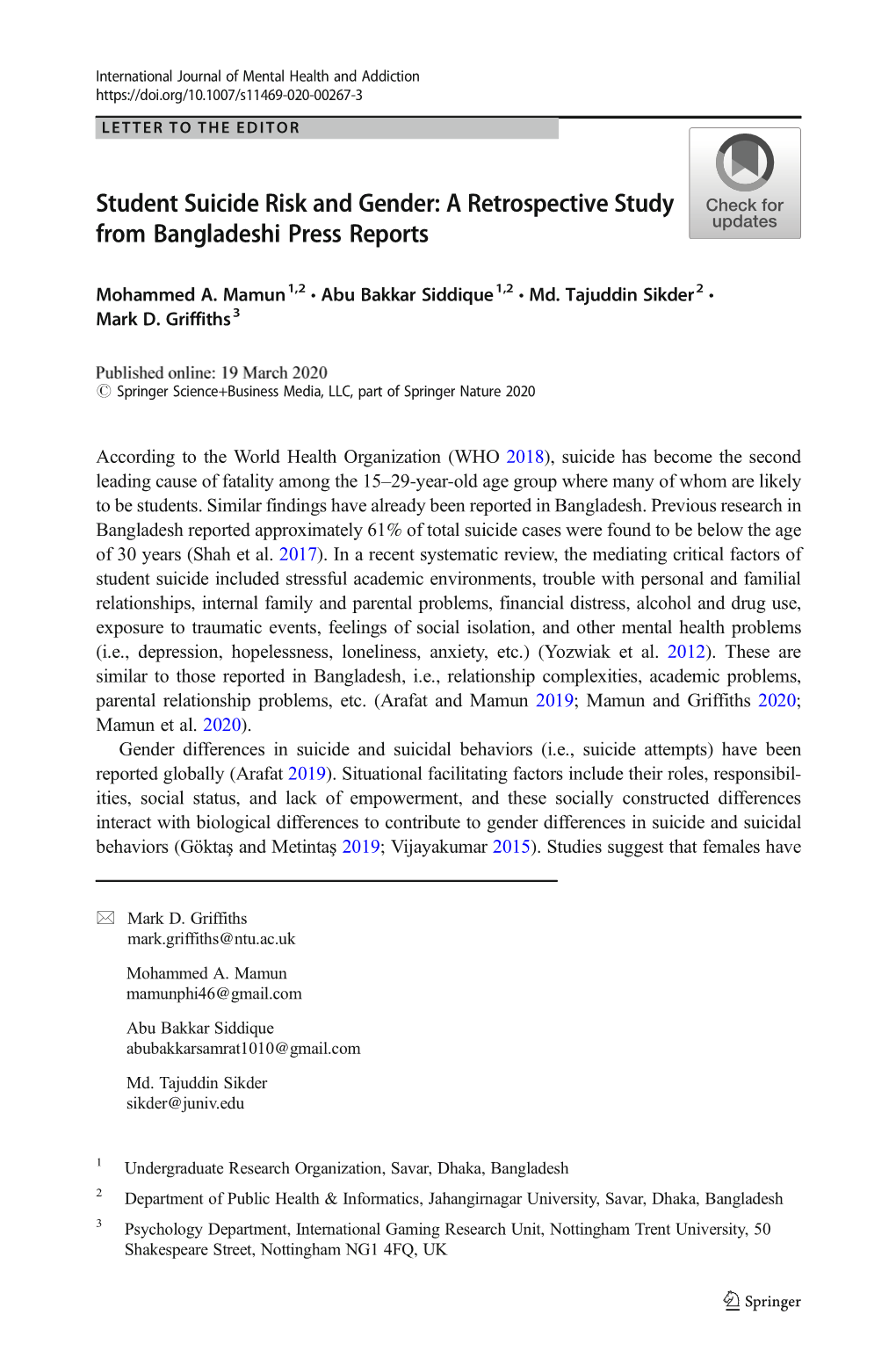 Student Suicide Risk and Gender: a Retrospective Study from Bangladeshi Press Reports