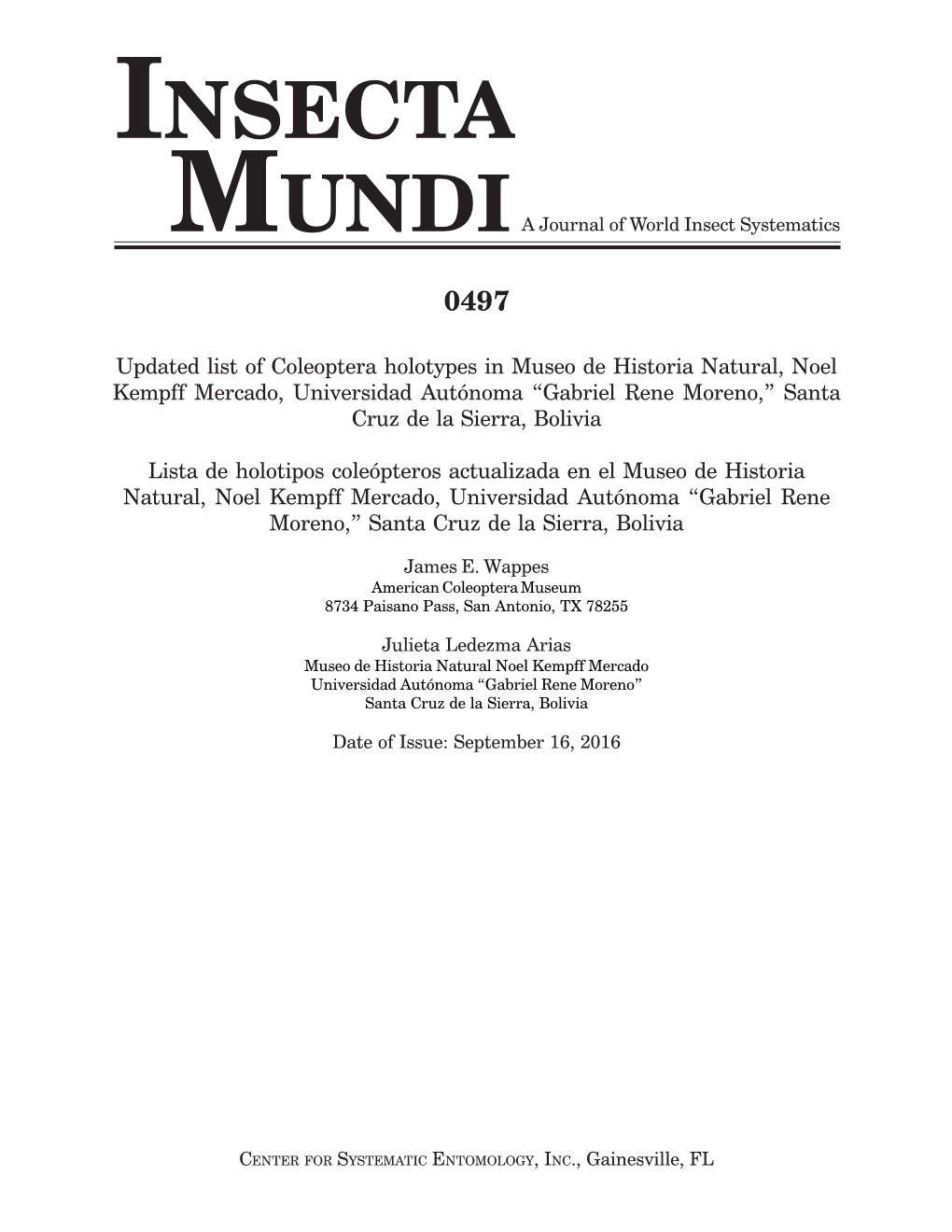 Updated List of Coleoptera Holotypes in Museo De Historia Natural, Noel Kempff Mercado, Universidad Autónoma “Gabriel Rene Moreno,” Santa Cruz De La Sierra, Bolivia