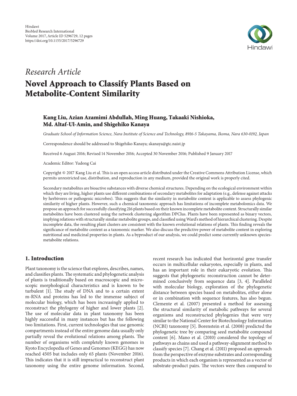 Research Article Novel Approach to Classify Plants Based on Metabolite-Content Similarity