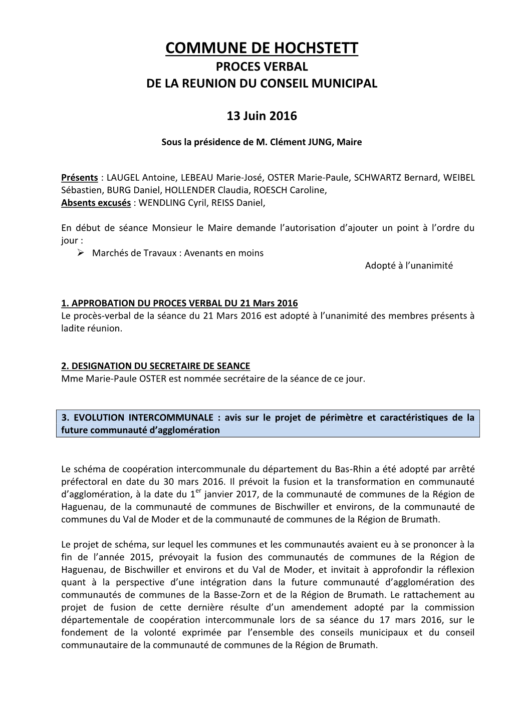 Commune De Hochstett Proces Verbal De La Reunion Du Conseil Municipal