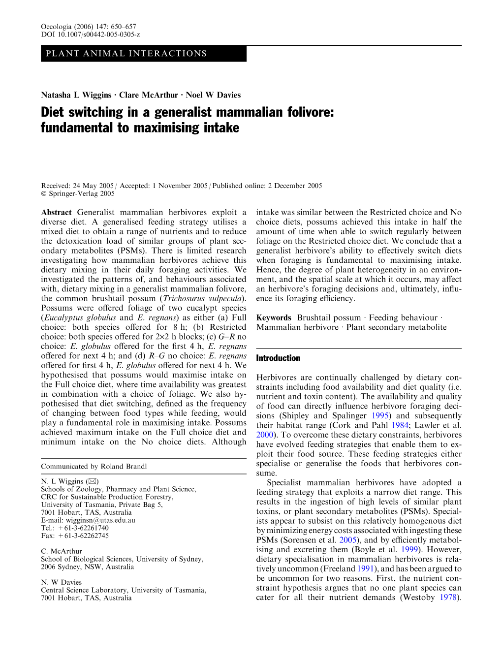 Diet Switching in a Generalist Mammalian Folivore: Fundamental to Maximising Intake