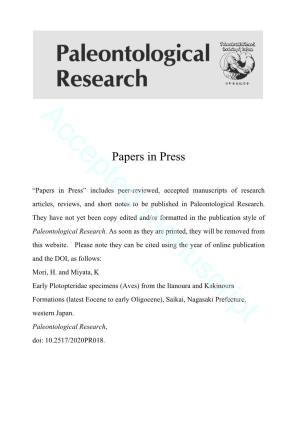 Accepted Manuscripts of Research Articles, Reviews, and Short Notes to Be Published in Paleontological Research