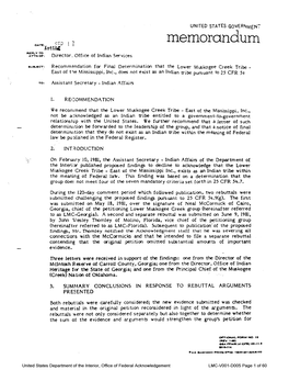 Final Determination That the Lower Muskogee Creek Tribe East of T1e Mississippi, Inc., Does Not Exist As an Indian Tribe Pursuant to 25 CFR 54