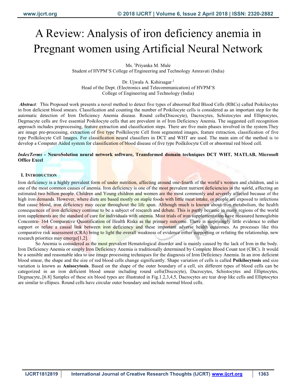 Analysis of Iron Deficiency Anemia in Pregnant Women Using Artificial Neural Network