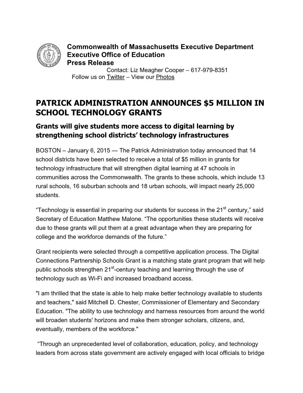 Patrick Administration Announces $5 Million In