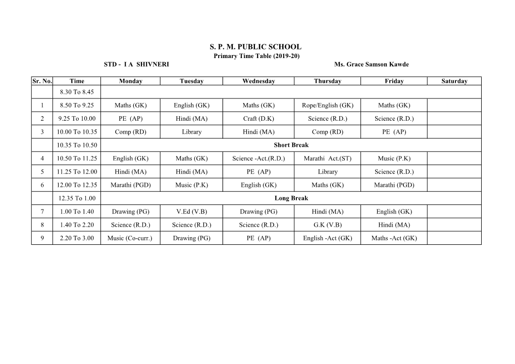 Timetable for 1St To