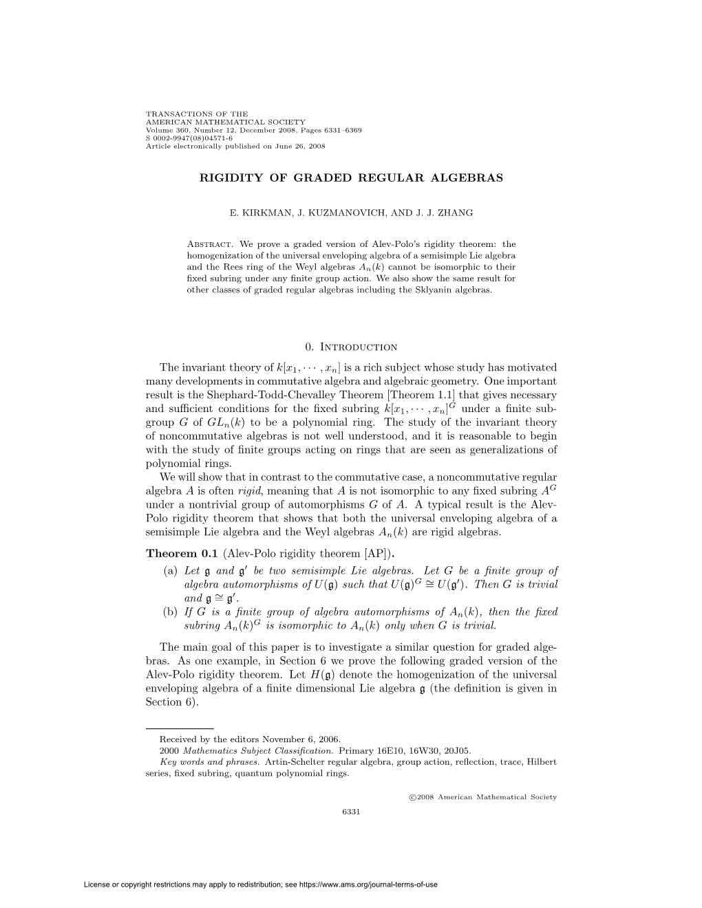 RIGIDITY of GRADED REGULAR ALGEBRAS 0. Introduction The