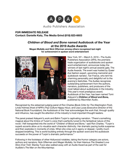 Children of Blood and Bone Named Audiobook of the Year at the 2019