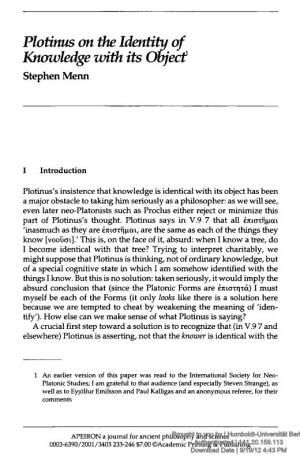 Plotinus on the Identity of Knowledge with Its Object Stephen Menn