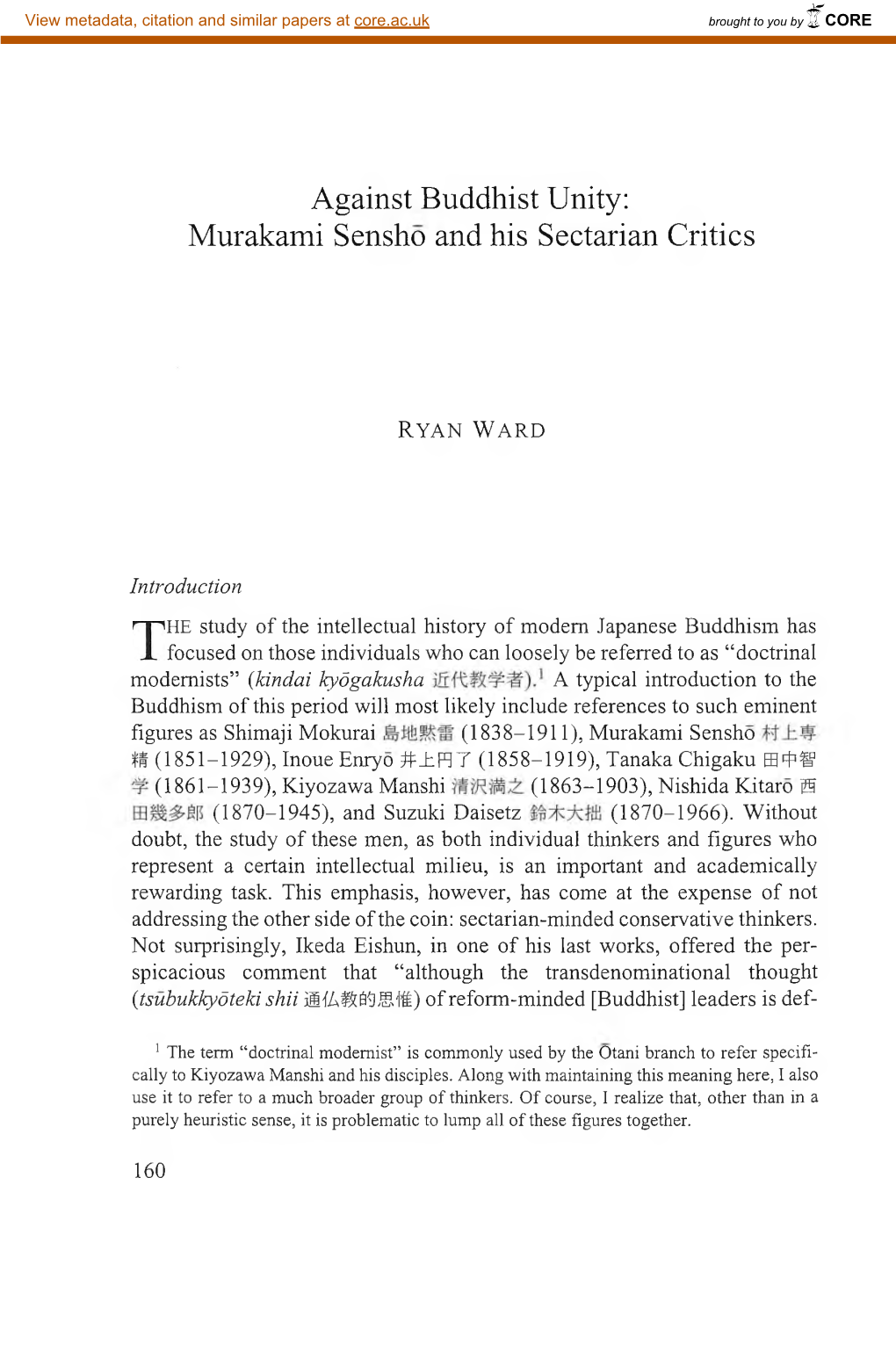 Against Buddhist Unity: Murakami Sensho and His Sectarian Critics