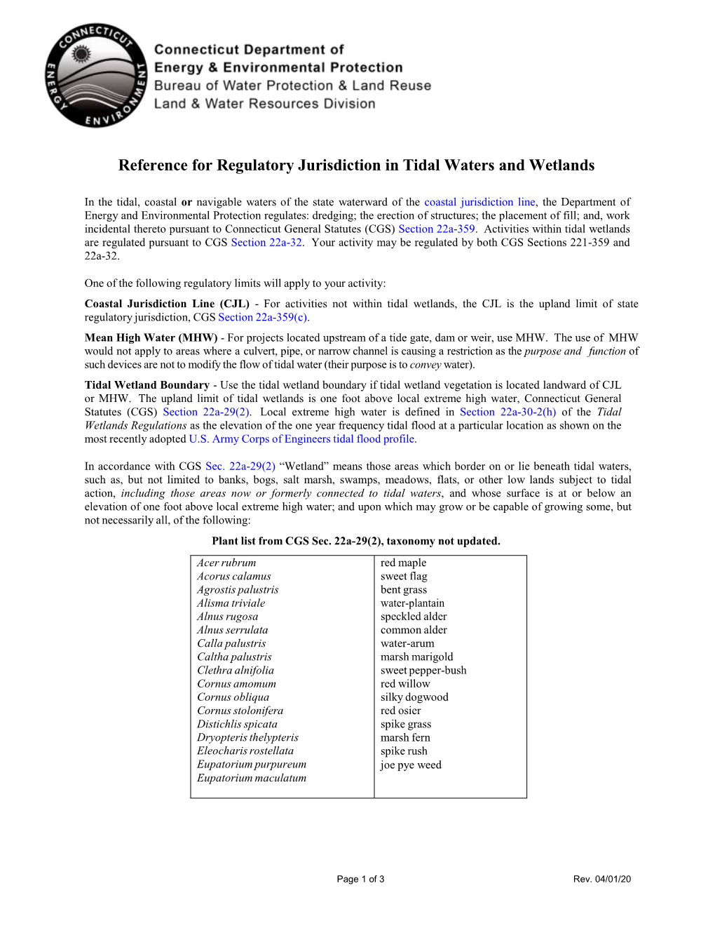 Reference for Regulatory Jurisdiction in Tidal Waters and Wetlands