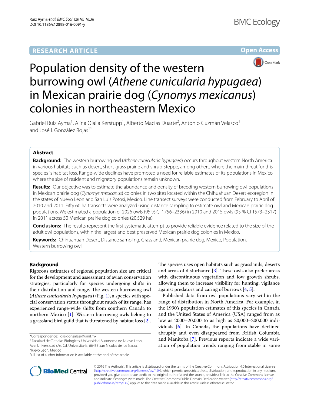 Population Density of the Western Burrowing Owl (Athene Cunicularia Hypugaea) in Mexican Prairie Dog (Cynomys Mexicanus) Colonie