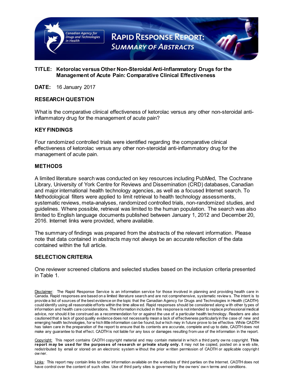 Ketorolac Versus Other Non-Steroidal Anti-Inflammatory Drugs for the Management of Acute Pain: Comparative Clinical Effectiveness