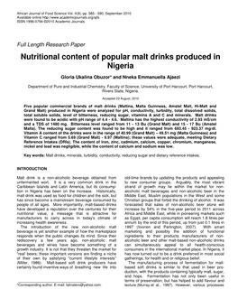 Nutritional Content of Popular Malt Drinks Produced in Nigeria