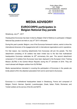 MEDIA ADVISORY EUROCORPS Participates in Belgian National Day