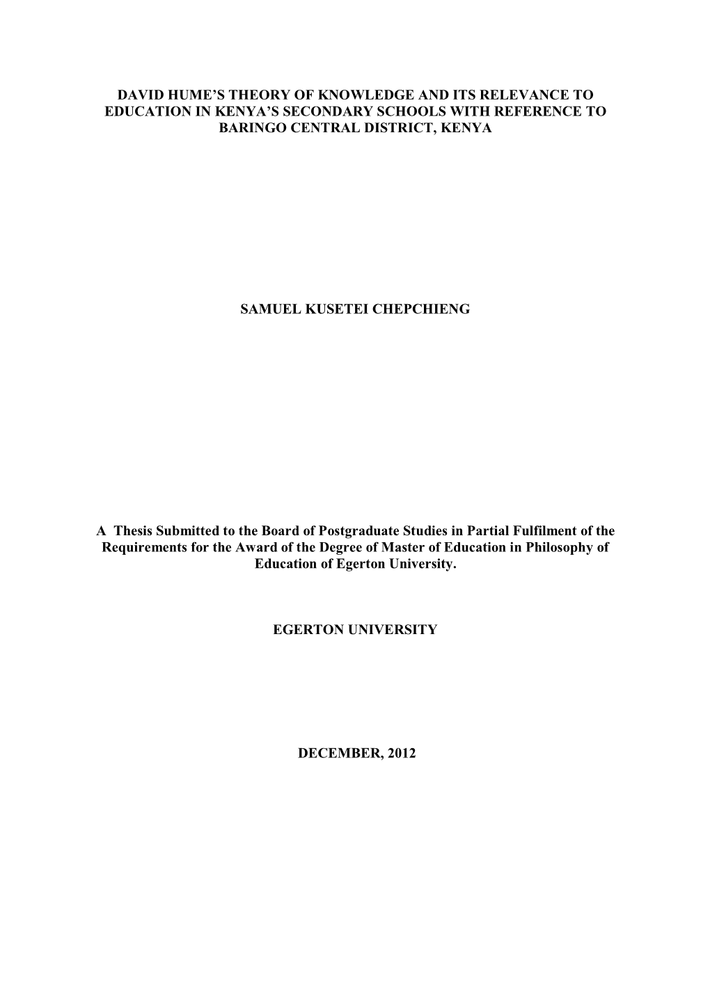 David Hume's Theory of Knowledge: and Its Relevance to Education in Kenya's Secondary School