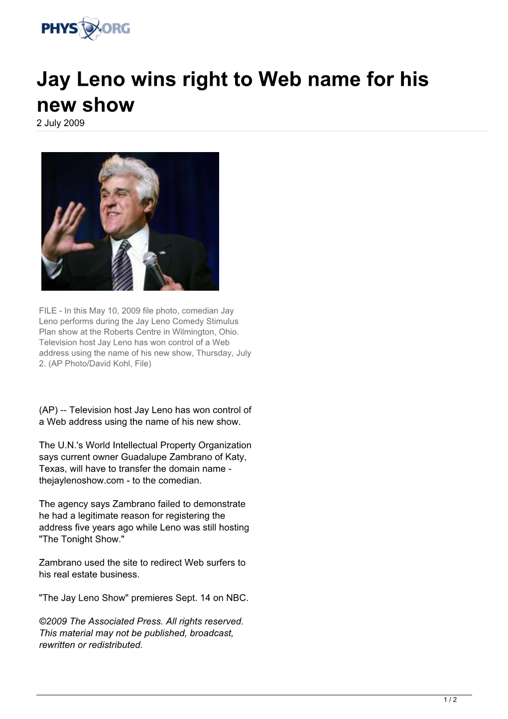 Jay Leno Wins Right to Web Name for His New Show 2 July 2009