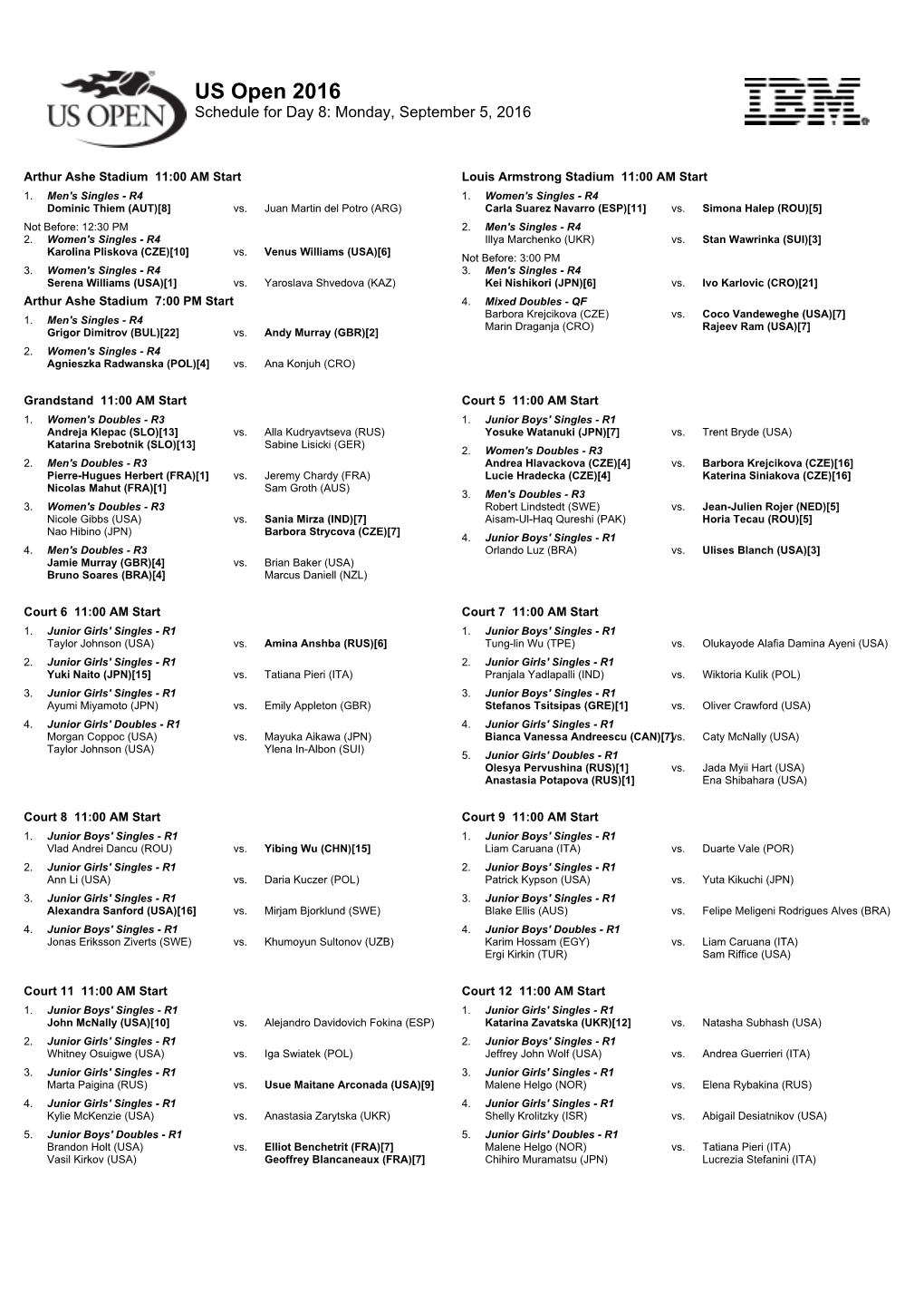 US Open 2016 Schedule for Day 8: Monday, September 5, 2016