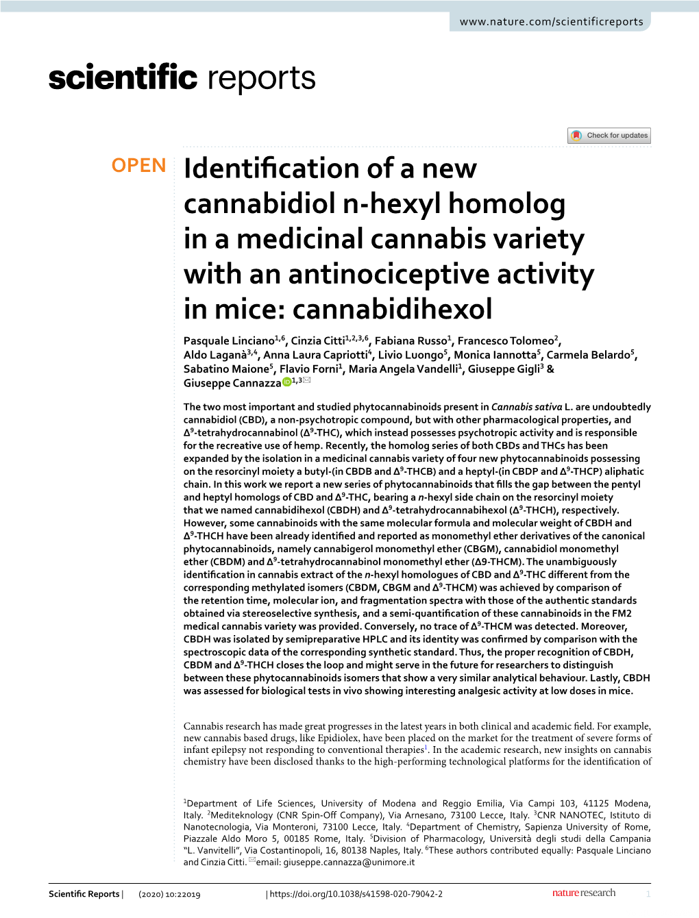 Identification of a New Cannabidiol N-Hexyl Homolog in a Medicinal