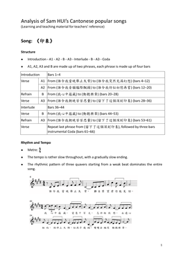 Analysis of Sam HUI's Cantonese Popular Songs