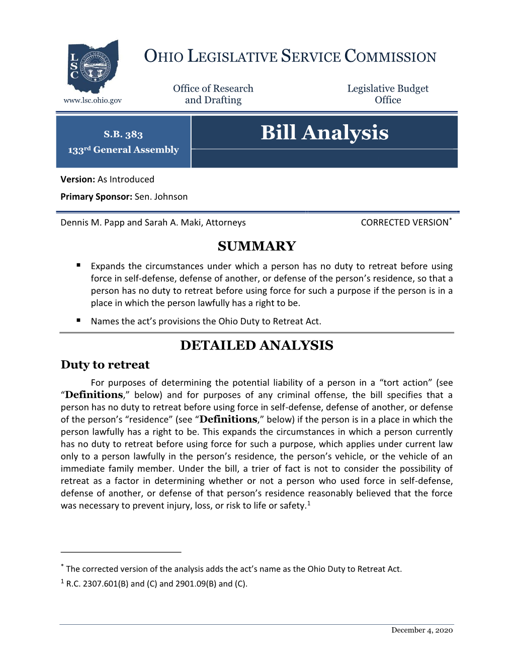 Bill Analysis 133Rd General Assembly Click Here for S.B