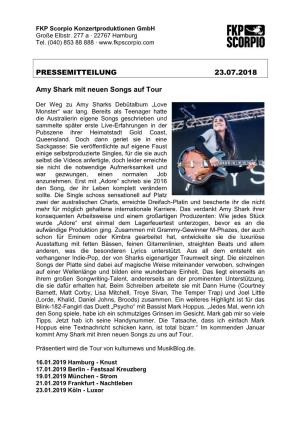 PRESSEMITTEILUNG 23.07.2018 Amy Shark Mit Neuen Songs Auf Tour