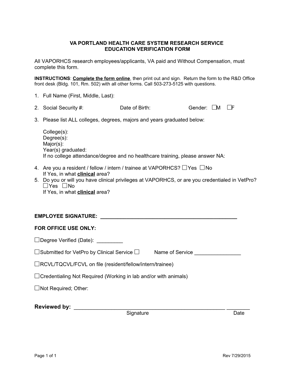 Education Verification Form (Portland VA Medical Center)