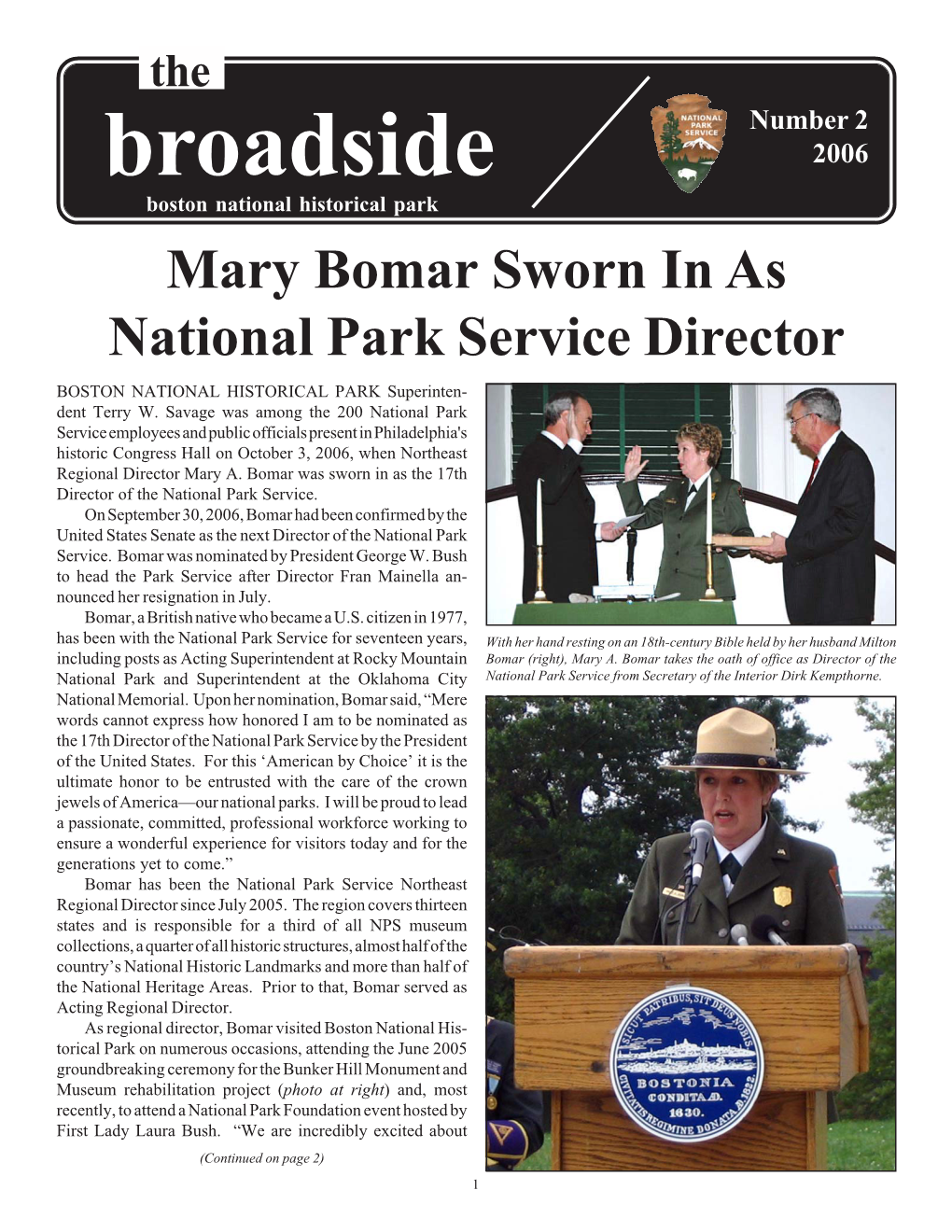 Broadside 2006 Boston National Historical Park Mary Bomar Sworn in As National Park Service Director