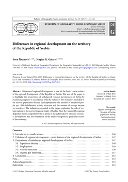 Differences in Regional Development on the Territory of the Republic of Serbia