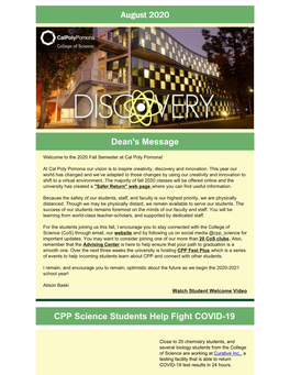 August 2020 August 2020 Dean's Message CPP Science Students