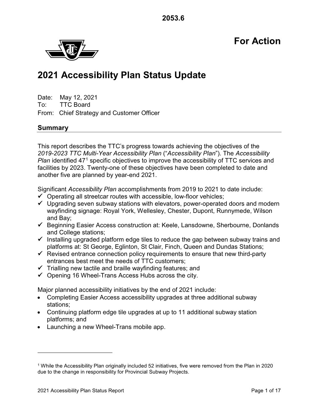 For Action 2021 Accessibility Plan Status Update