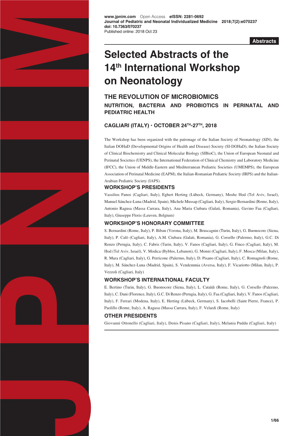 Selected Abstracts of the 14Th International Workshop on Neonatology