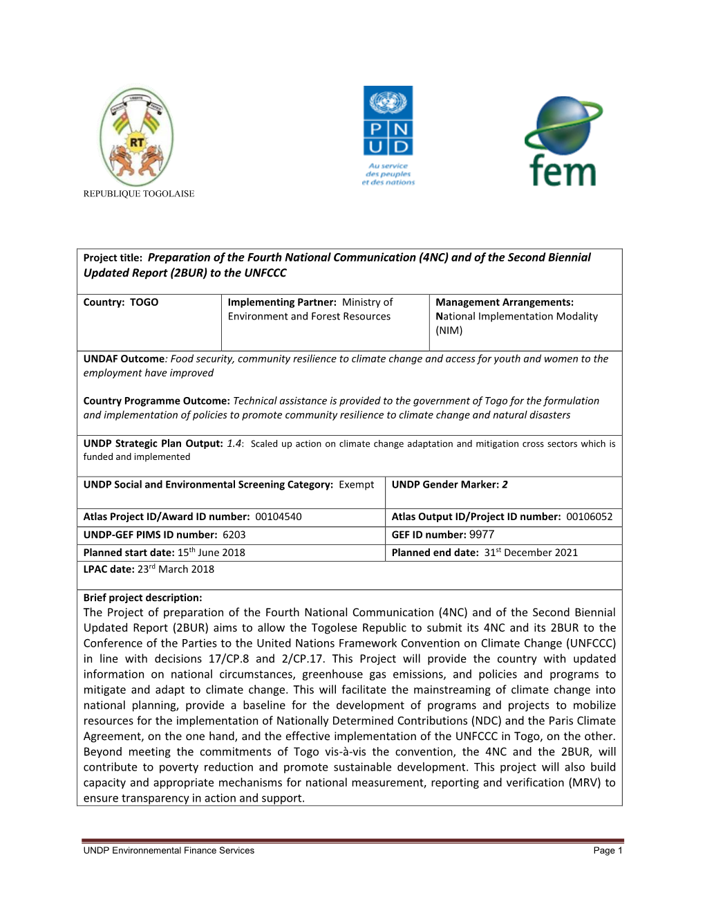 Project Document Is Submitted to the GEF for Final Approval