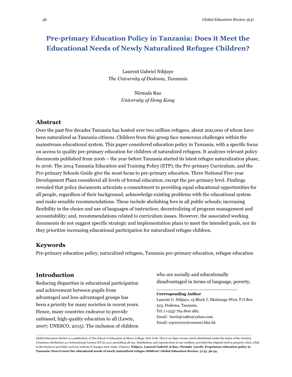 Pre-Primary Education Policy in Tanzania: Does It Meet the Educational Needs of Newly Naturalized Refugee Children?