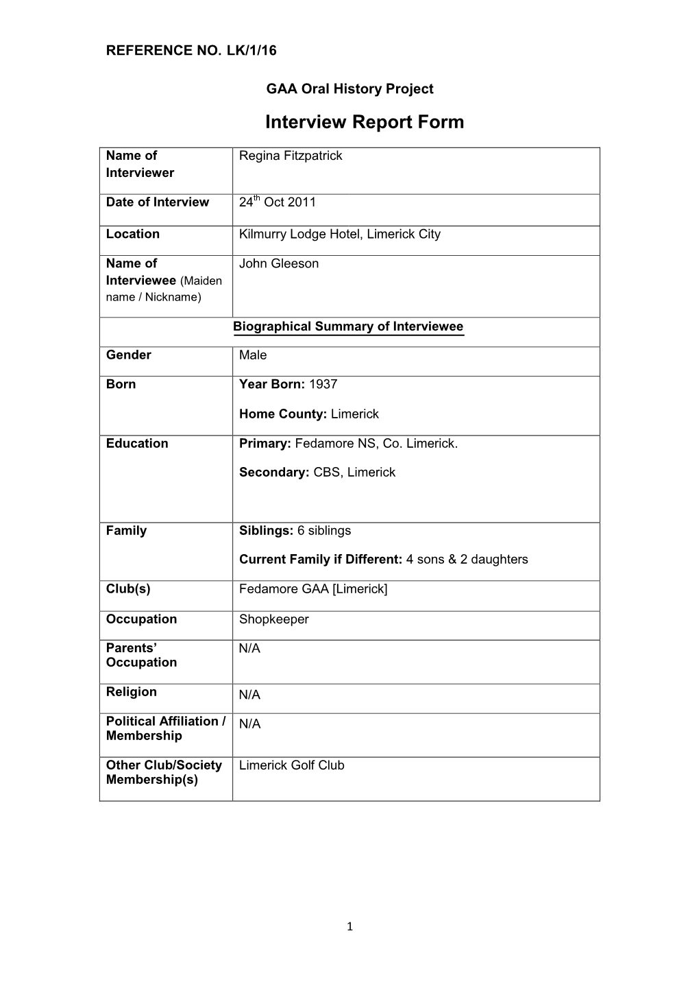 GAA Oral History Project Interview Report Form