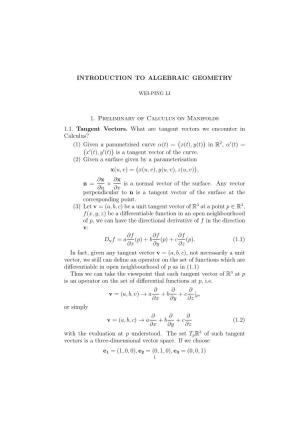 INTRODUCTION to ALGEBRAIC GEOMETRY 1. Preliminary Of