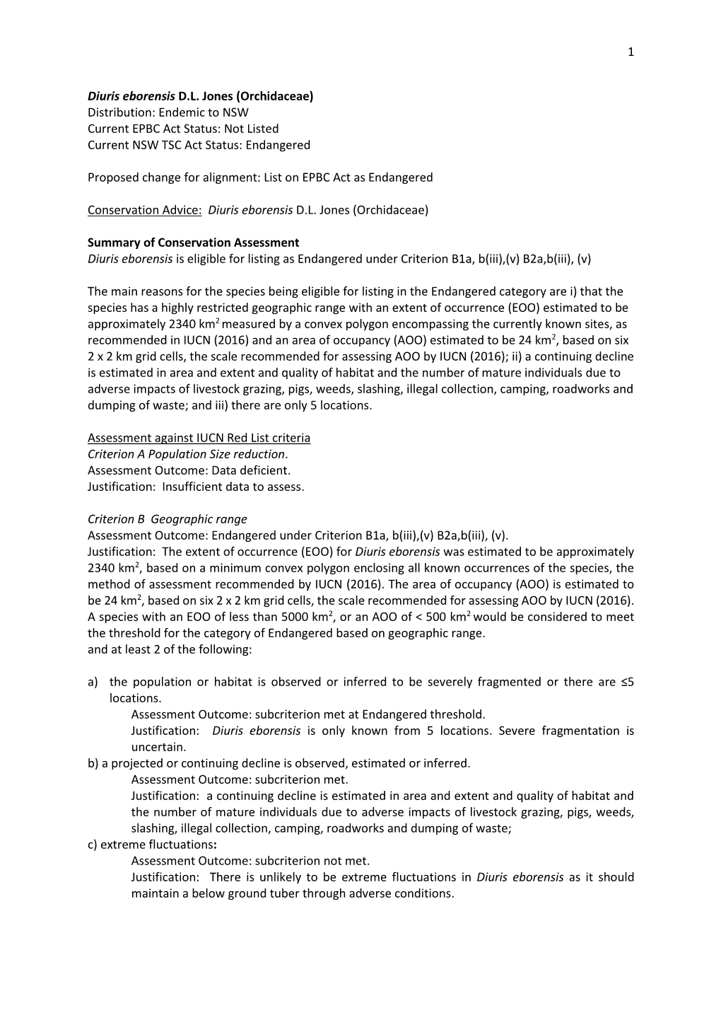 Conservation Advice Diuris Eborensis D.L. Jones (Orchidaceae)