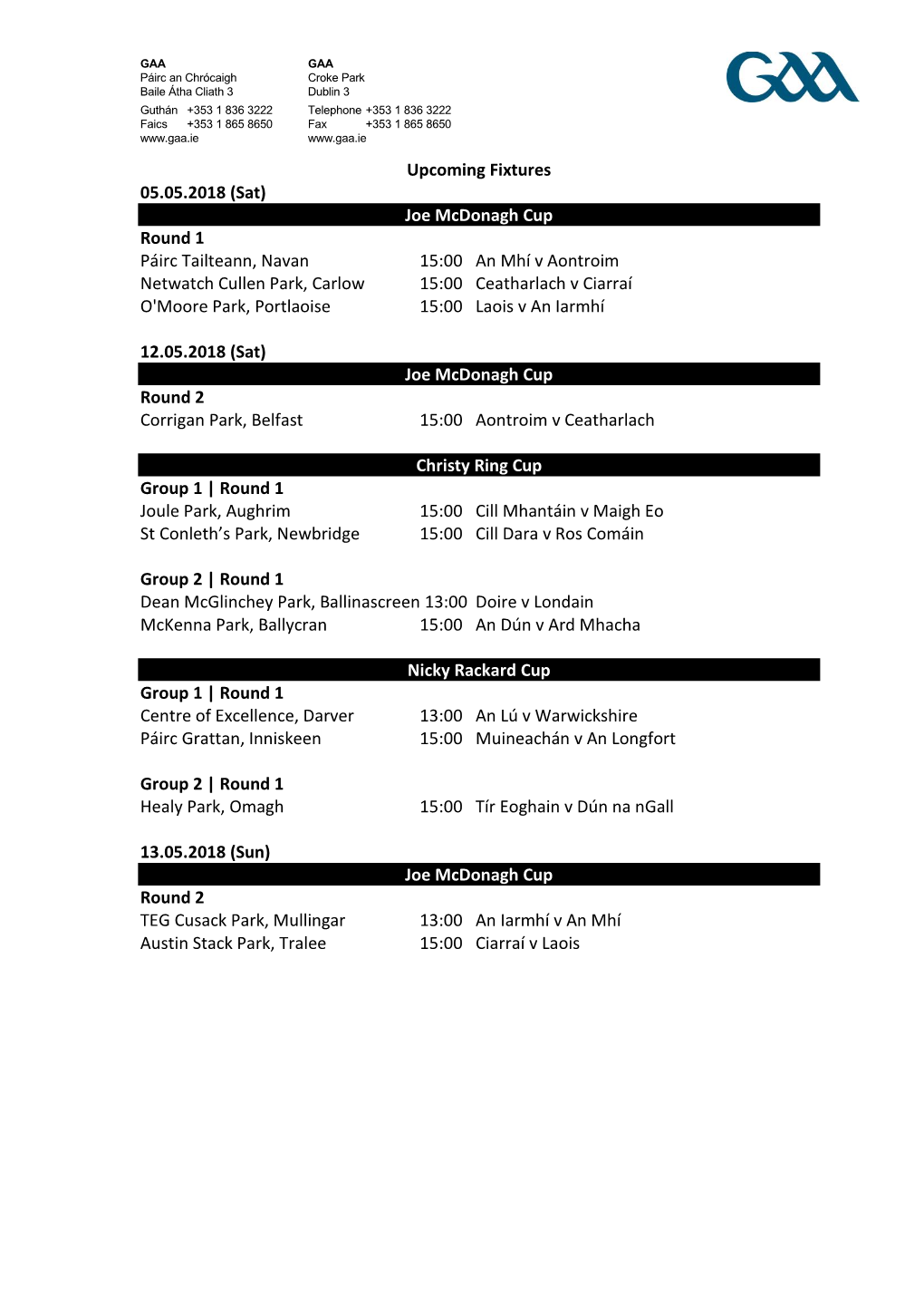 Joe Mcdonagh Cup Round 1 Páirc Tailteann, Navan 15:00 An