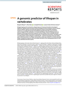 A Genomic Predictor of Lifespan in Vertebrates Benjamin Mayne1*, Oliver Berry 1, Campbell Davies 2, Jessica Farley2 & Simon Jarman1,3