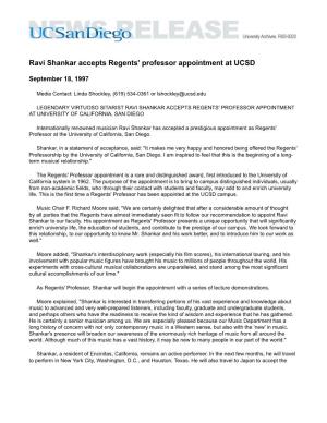 Ravi Shankar Accepts Regents' Professor Appointment at UCSD