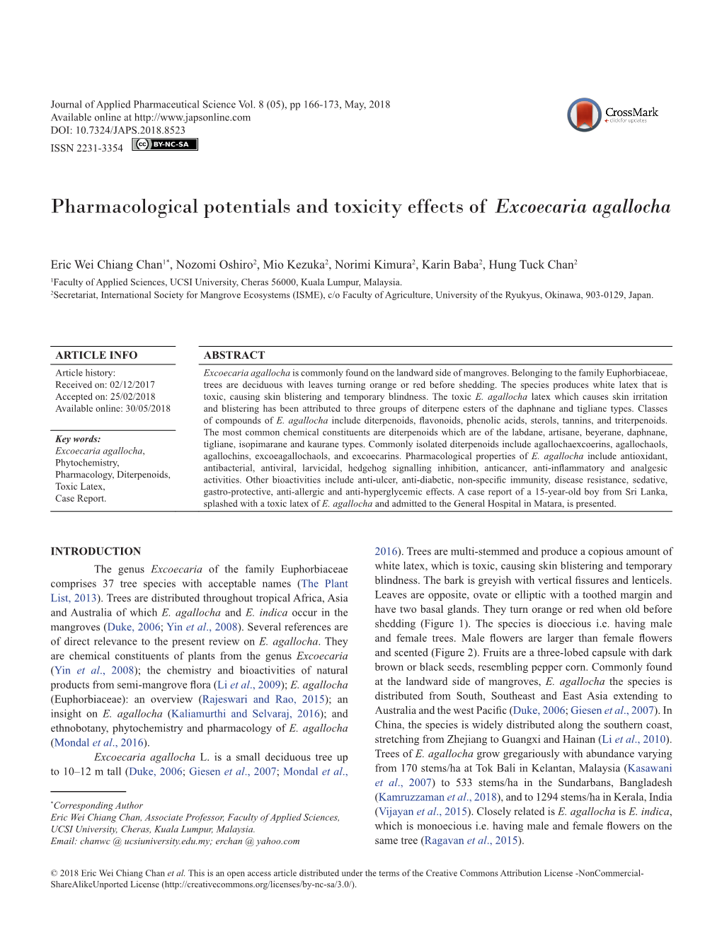 Pharmacological Potentials and Toxicity Effects of Excoecaria Agallocha