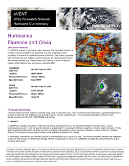 Hurricanes Florence and Olivia Executive Summary FLORENCE Is About to Become a Major Hurricane