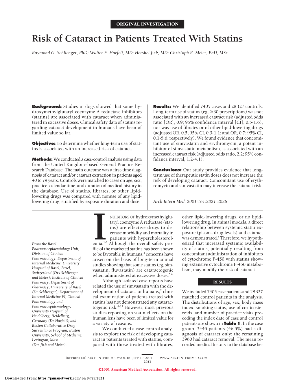 Risk of Cataract in Patients Treated with Statins