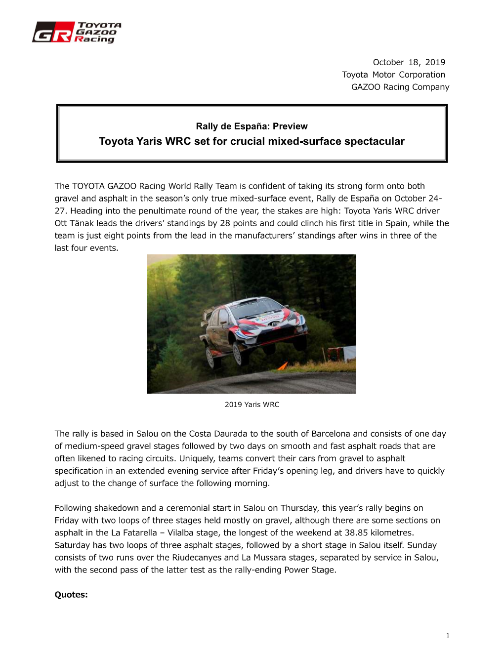 Rally De España: Preview Toyota Yaris WRC Set for Crucial Mixed-Surface Spectacular